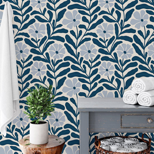 Blue Floral Botanical Wallpaper W142 - CostaCover-Peel and stick Removable Wallpaper-Abstract-abstract floral-Abstract Labyrinth Lines
