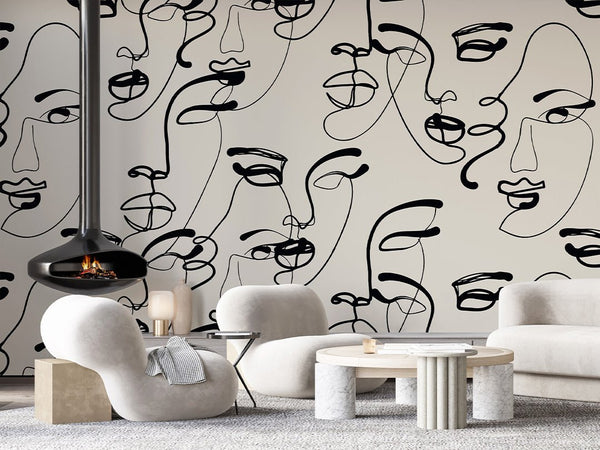 Beige & Black Female Faces Wall Mural AM073 - CostaCover - Peel and stick Removable Wallpaper - about walls - Abstract - Abstract Labyrinth Lines