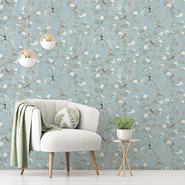 Blue Blossom Trees & Birds Wallpaper W058 - CostaCover - Peel and stick Removable Wallpaper - accent wallpaper - adhesive wallpaper - adhesive wallpaper design