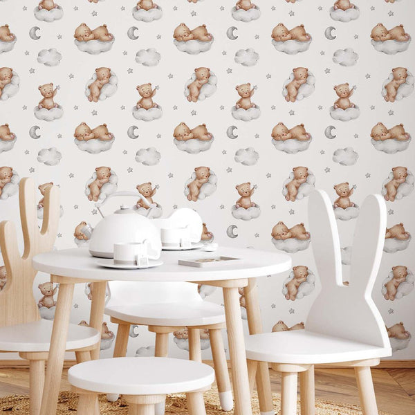 Gray Clouds and Bears Wallpaper A033 - CostaCover - Peel and stick Removable Wallpaper - abstract wallpaper - accent wallpaper - adhesive wallpaper