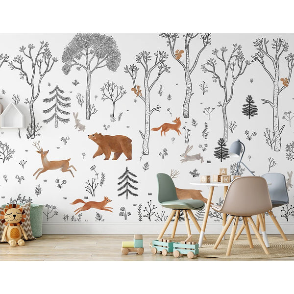 Black White Beige Forest Animals Wall Mural SM015 - CostaCover - Peel and stick Removable Wallpaper - accent wallpaper - adhesive wallpaper - animal print