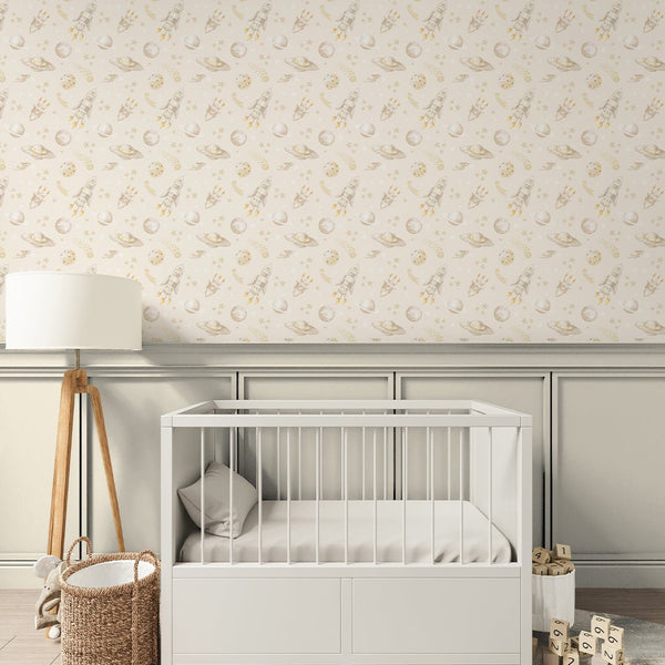 Beige Spaceships & Planets Wallpaper S121 - CostaCover-Peel and stick Removable Wallpaper-accent wallpaper-adhesive wallpaper-baby bedroom