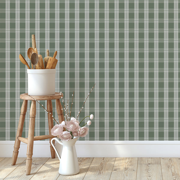 Plaid wallpaper featuring deep green squares and refined muted stripe details for cozy spaces.