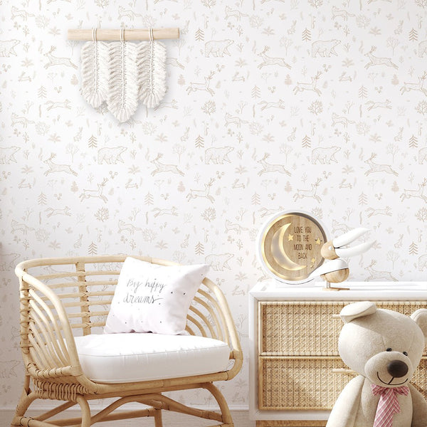 Beige Forest Animals Wallpaper S035 - CostaCover - Peel and stick Removable Wallpaper - abstract lines - abstract wallpaper - accent wallpaper