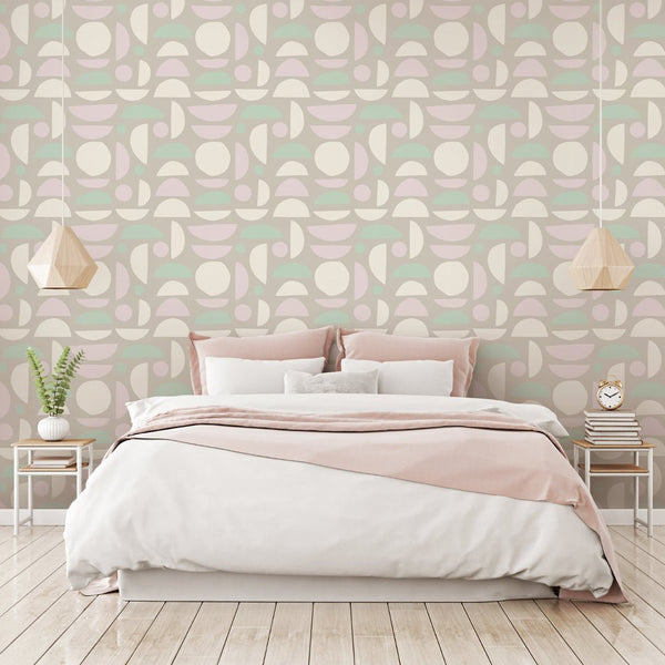 Charming geometric wallpaper with pastel circles and semicircles in mint, blush pink, and taupe. Suitable for bathrooms or casual living spaces, this temporary wall mural offers a crisp, playful aesthetic with high-quality materials and an easy-to-install finish.