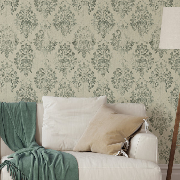 Sage Green Damask Wallpaper featuring ornate botanical medallions, perfect for vintage-inspired living rooms.