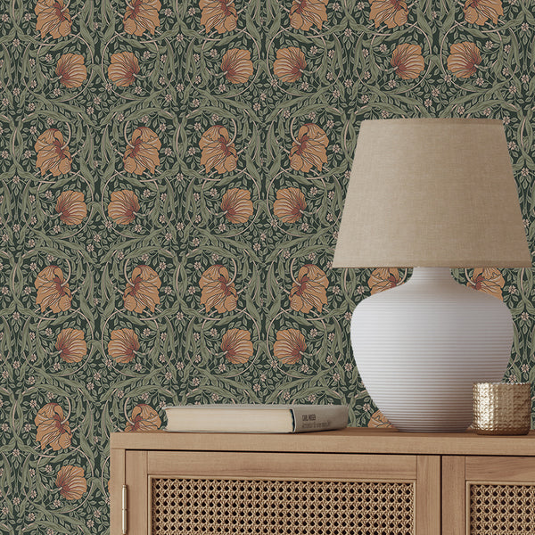 Classic Pimpernel wallpaper by Morris featuring intricate botanical grids and warm tones. Perfect for hallways or living rooms, this removable wallpaper provides a richly patterned, tapestry-like effect with eco-friendly materials.
