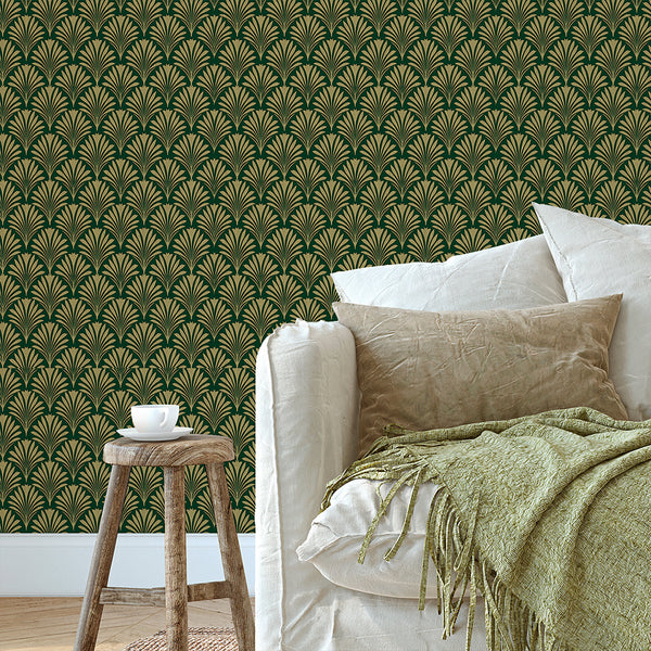 Emerald Green Botanical Art Deco Wallpaper L020