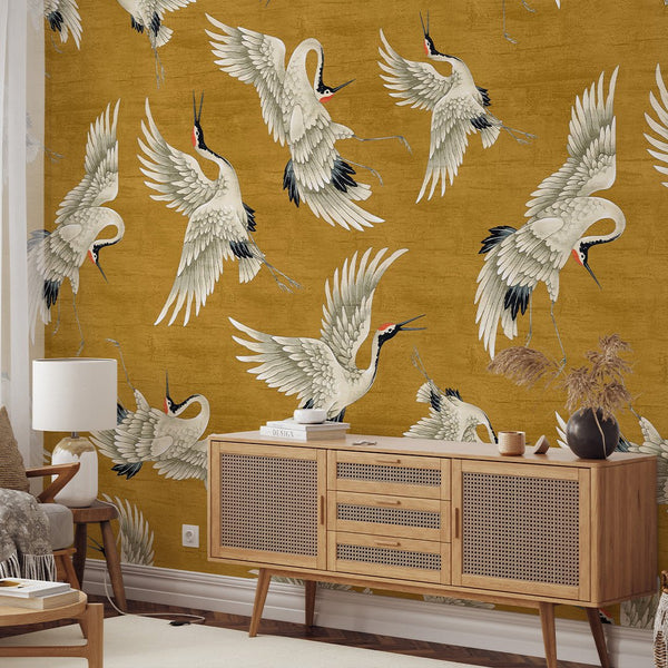 Flying Mustard Japanese Cranes Wall Mural WM113 - CostaCover - Peel and stick Removable Wallpaper - accent wallpaper - adhesive wallpaper - animal texture