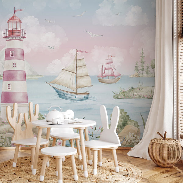 Pink Nautical Lighthouse Wall Mural AM159 - CostaCover-Peel and stick Removable Wallpaper-accent wallpaper-adhesive wallpaper-baby bedroom