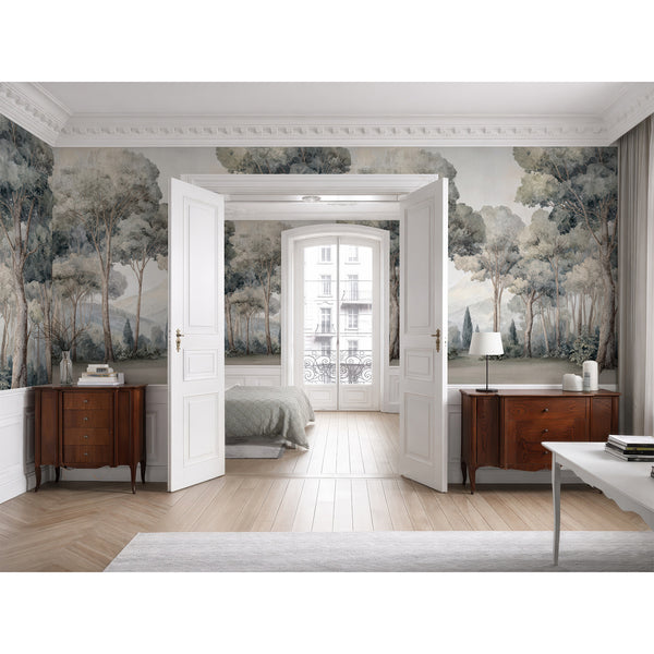 Tranquil misty forest mural with overlapping tree canopies in muted greens and grays, perfect for a modern dining room. This temporary wallpaper is ideal for those seeking a flexible decor solution.