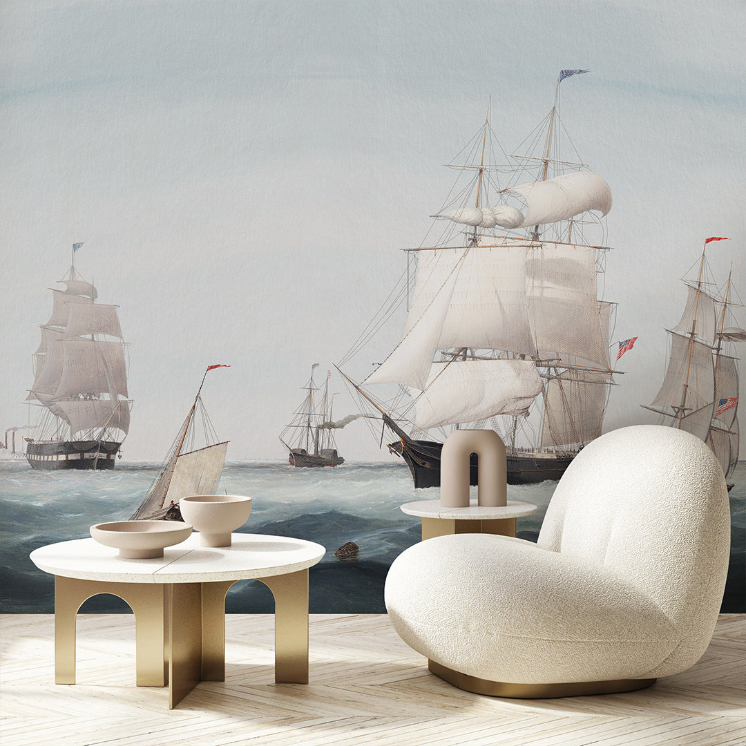 Vintage Blue Sailboats Wall Mural AM161