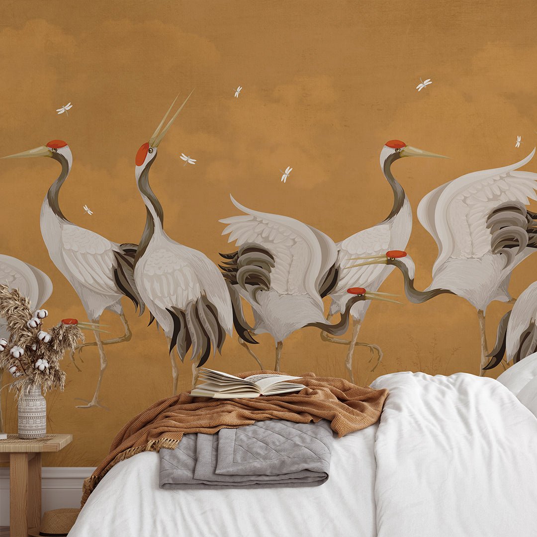 Mustard Color Japanese Cranes Wall Mural with warm golden tones