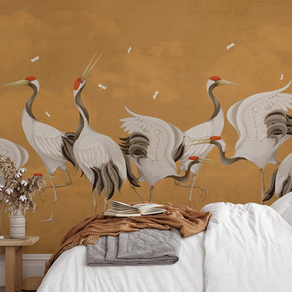 Mustard Color Japanese Cranes Wall Mural WM112 - CostaCover - Peel and stick Removable Wallpaper - accent wallpaper - adhesive wallpaper - bathroom wallpaper