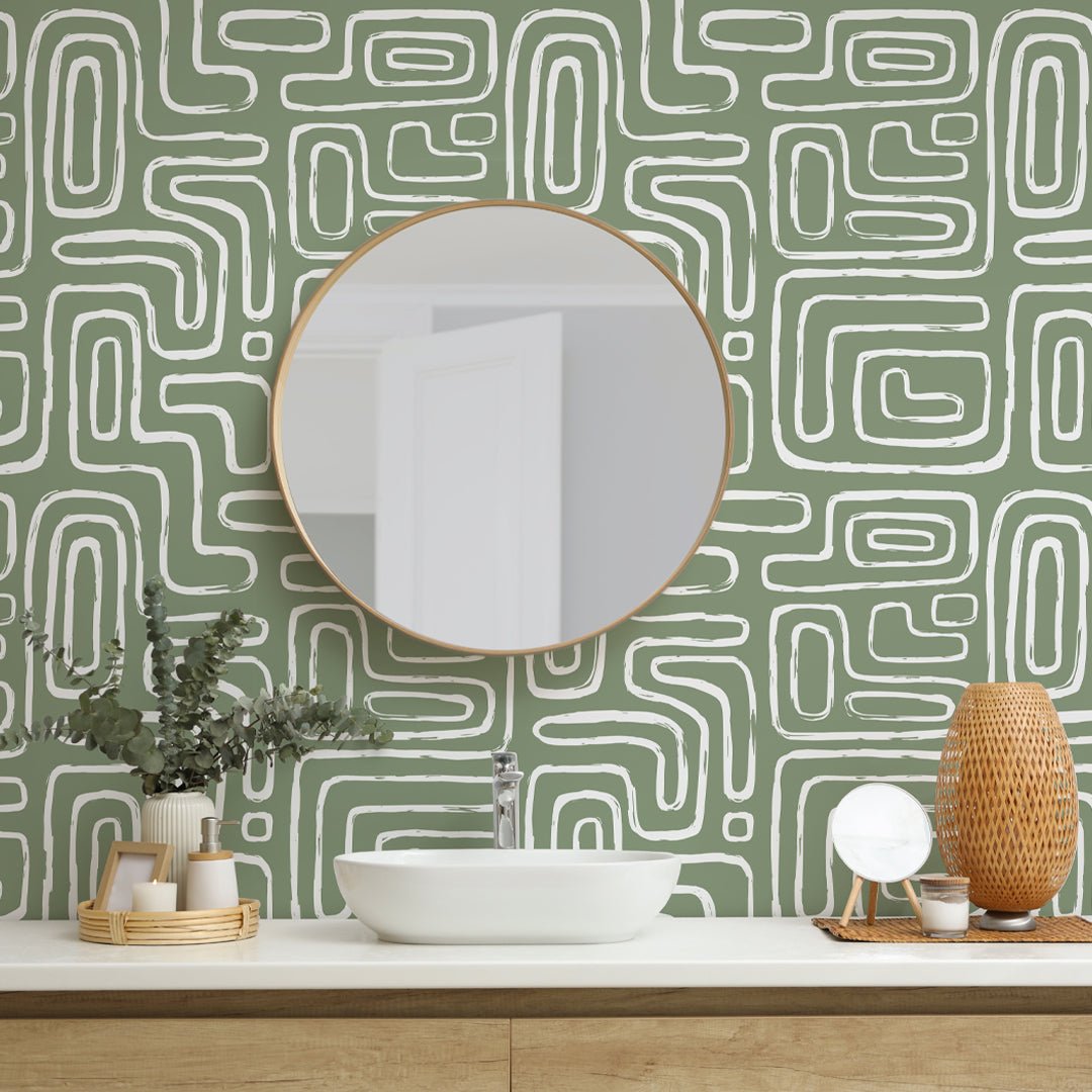 Olive Boho Line Wallpaper with vertical patterns