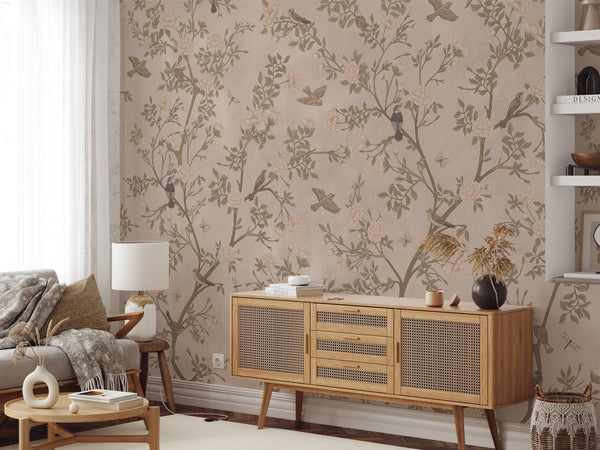 Beige Trees & Birds Wall Mural WM034 - CostaCover - Peel and stick Removable Wallpaper - accent wallpaper - adhesive wallpaper - bathroom wallpaper