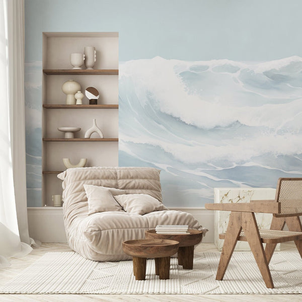 Pastel Blue Wave Wall Mural AM164 - CostaCover-Peel and stick Removable Wallpaper-accent wallpaper-adhesive wallpaper-Aqua blue wallpaper