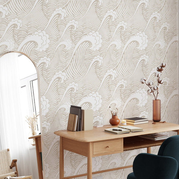 Beige Japanese Waves Wallpaper W003 - CostaCover - Peel and stick Removable Wallpaper - adhesive wallpaper - bedroom interior - bedroom wallpaper