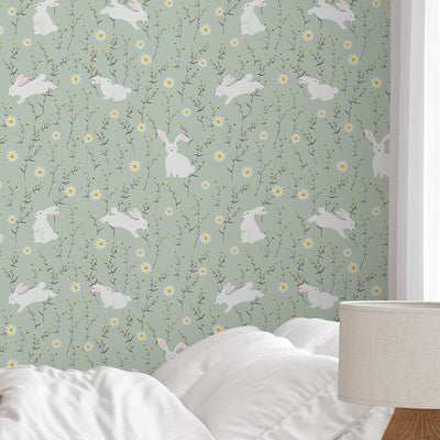 Sage Green Floral Bunny Wallpaper W176
