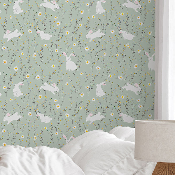 Sage Green Floral Bunny Wallpaper W176