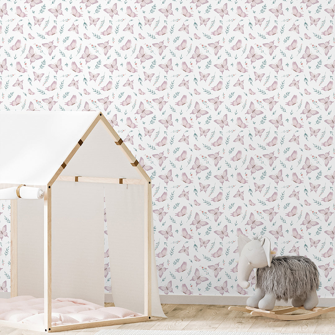 Pink Butterfly & Leaf Wallpaper A049