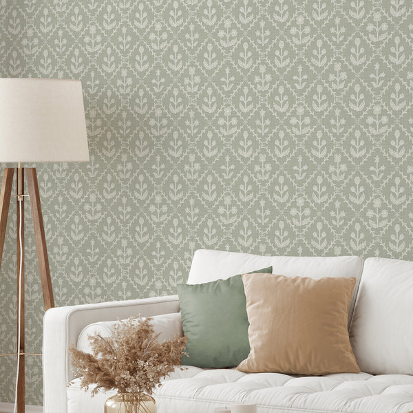 Sage Green Linen Floral Lattice Wallpaper L122