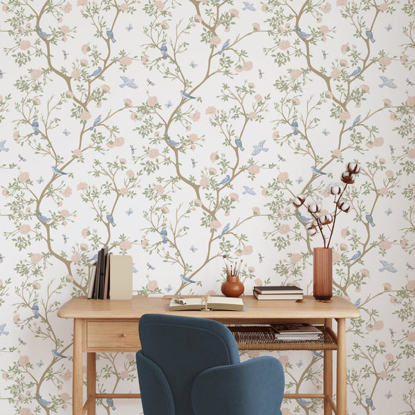 Pastel Blossom Trees & Birds Wallpaper W055 - CostaCover - Peel and stick Removable Wallpaper - accent wallpaper - adhesive wallpaper - Aqua blue wallpaper