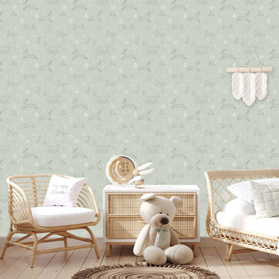 Dusty Green Forest Animals Wallpaper S039