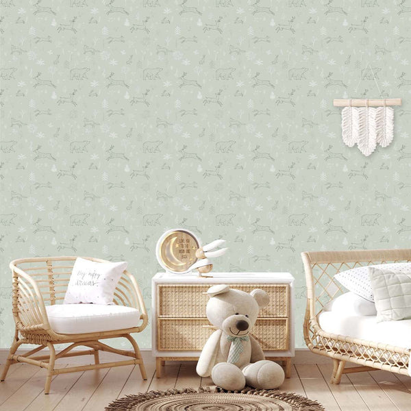 Pale Green Forest Animals Wallpaper S039 - CostaCover - Peel and stick Removable Wallpaper - abstract forest - accent wallpaper - adhesive wallpaper