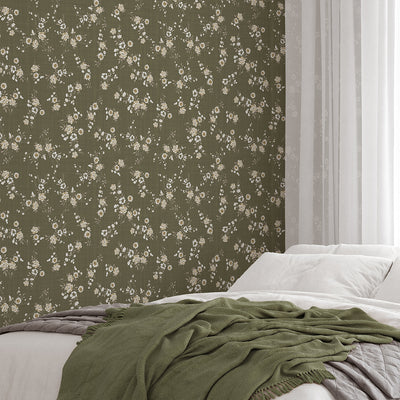 Olive Green Mini Floral Wallpaper W149