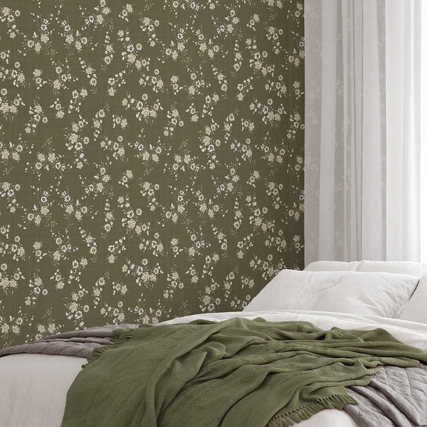 Olive Green Mini Floral Wallpaper W149 - CostaCover - Peel and stick Removable Wallpaper - abstract floral - abstract wall art - abstract wallpaper