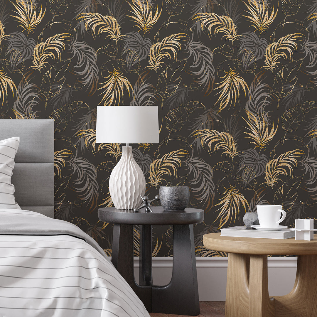 Brown & Gold Palm Leaves Wallpaper W134