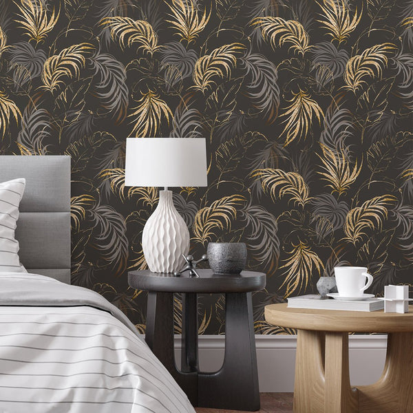 Brown & Gold Palm Leaves Wallpaper W134 - CostaCover - Peel and stick Removable Wallpaper - Abstract Beige Gold Stripes Waves Removable Wallpaper near me - abstract wall art - abstract wallpaper