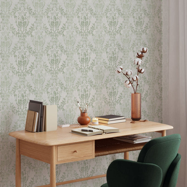 Soft sage and cream damask wallpaper with rococo elegance, suitable for romantic bedroom decor.
