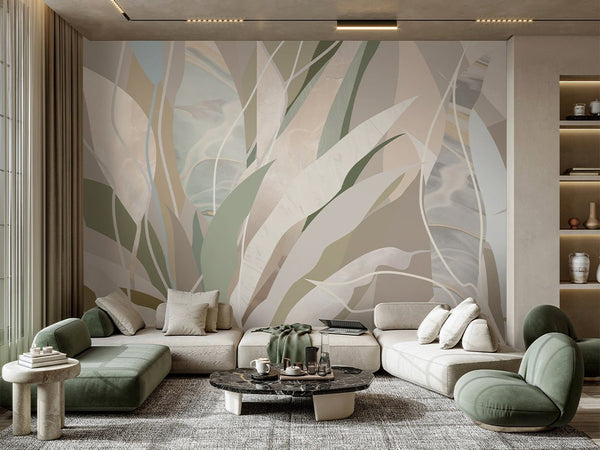 Beige Green Leaves Wall Mural AM079 - CostaCover - Peel and stick Removable Wallpaper - about walls - Abstract - abstract floral