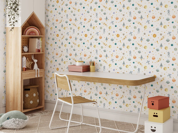 Watercolor Space Wallpaper W079 - CostaCover - Peel and stick Removable Wallpaper - adhesive wallpaper - Aqua blue wallpaper - astronaut