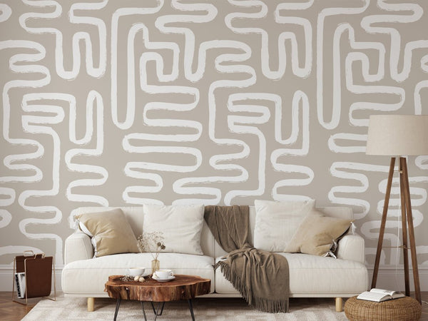 Boho Beige & White Line Wallpaper W044 - CostaCover - Peel and stick Removable Wallpaper - Abstract - abstract lines - abstract wall art