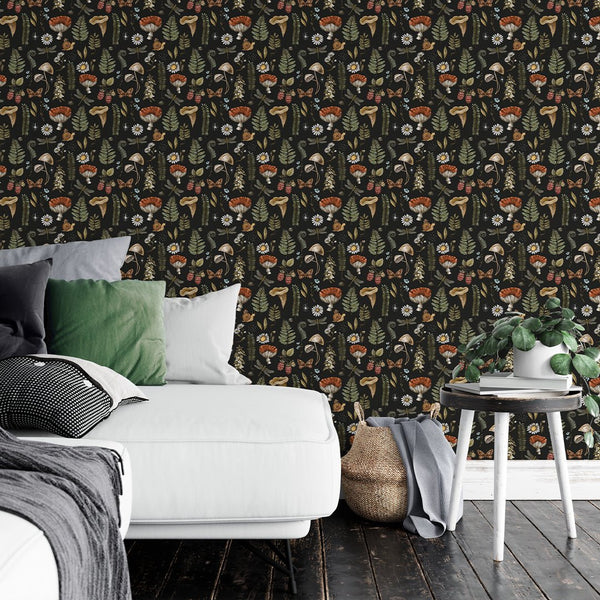 Dark Mushroom & Plants Wallpaper W146 - CostaCover - Peel and stick Removable Wallpaper - abstract floral - abstract wall art - abstract wallpaper