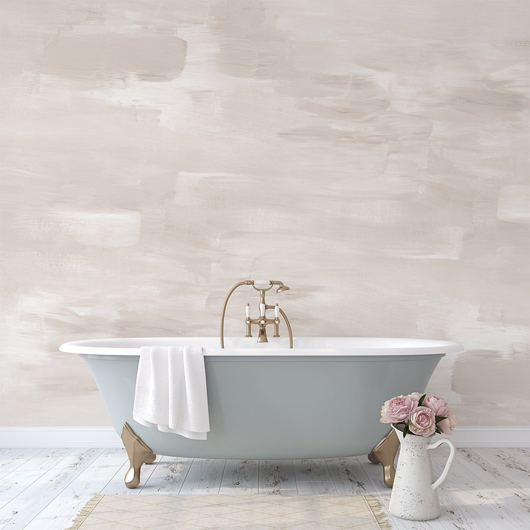 Beige Brush Strokes Wall Mural in a bathroom interior