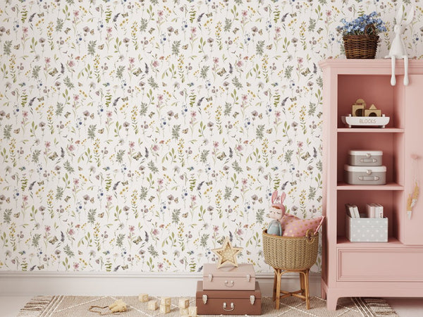 Eco-friendly, removable wallpaper with pastel wildflowers, ideal for modern farmhouse-style bedrooms.
