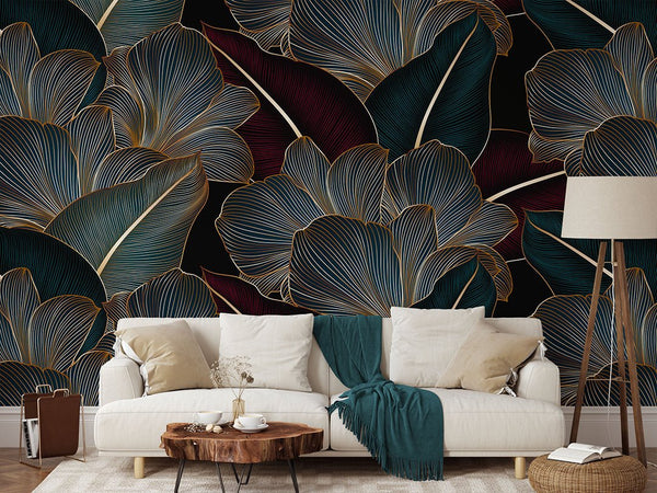 Dark Red Green Floral Wall Mural CCM180 - CostaCover - Peel and stick Removable Wallpaper - Abstract - abstract arches - abstract floral