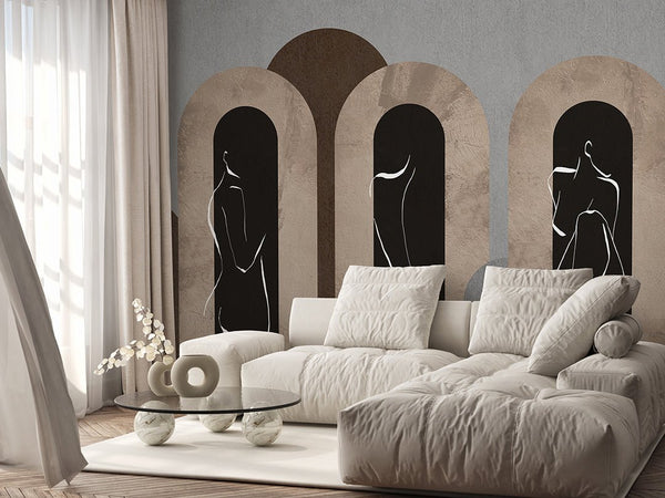 Beige Gray Arches & Girl Lines Wall Mural AM061 - CostaCover - Peel and stick Removable Wallpaper - Abstract - abstract arches - abstract lines