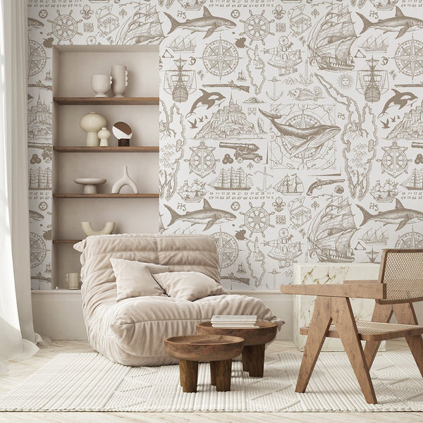 Beige Nautical Sketch Wallpaper A092 - CostaCover-Peel and stick Removable Wallpaper-abstract wall art-abstract wallpaper-accent wallpaper