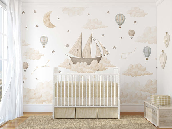 Ship Moon Cloud Star Wall Mural SM008 - CostaCover - Peel and stick Removable Wallpaper - accent wallpaper - adhesive wallpaper - air balloon