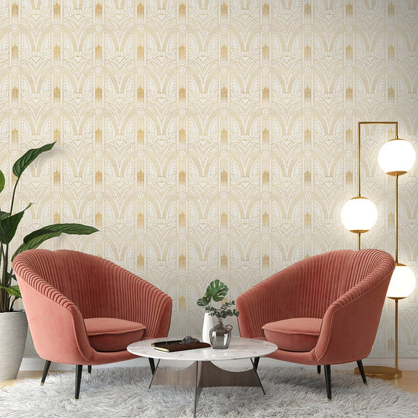 White Gold Effect Art Deco Wallpaper CC321 - CostaCover - Peel and stick Removable Wallpaper - abstract lines - abstract wallpaper - accent wallpaper