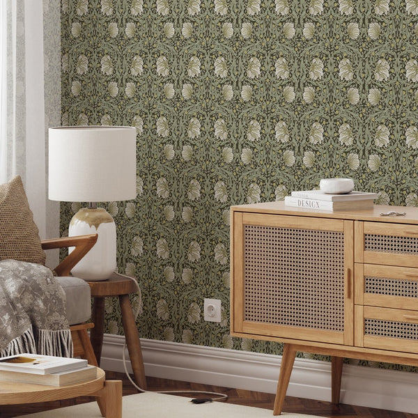 Classic vine medallion wallpaper with delicate linework and muted palette; great for a vintage-inspired bedroom or home office decor.