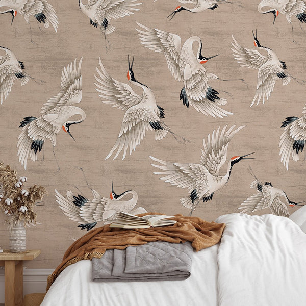 Flying Beige Japanese Cranes Wall Mural WM117 - CostaCover - Peel and stick Removable Wallpaper - abstract wallpaper - accent wallpaper - adhesive wallpaper