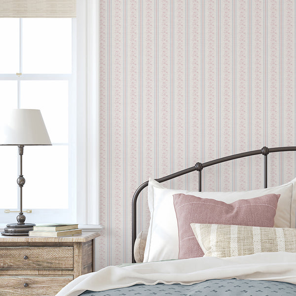 Pink Blue Floral Stripe Wallpaper L132