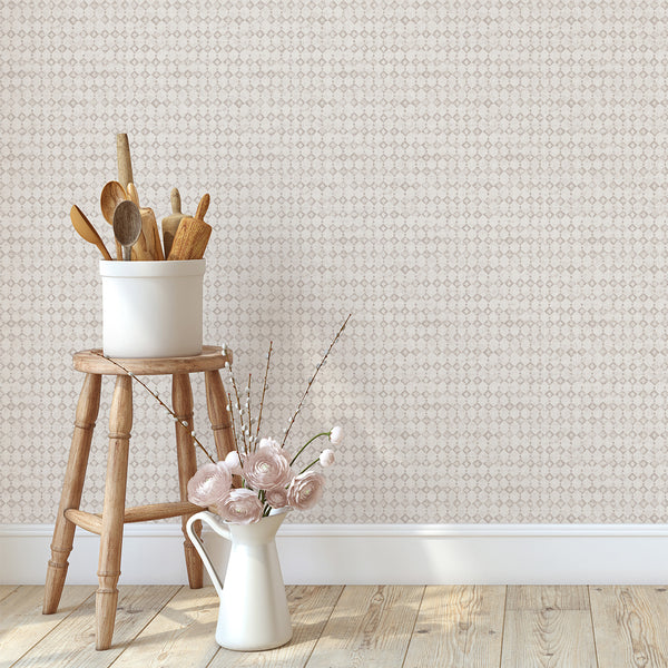 Neutral Minimalist Geometric Wallpaper featuring a tight grid pattern of taupe diamonds and squares. This temporary, self-adhesive design is eco-friendly and ideal for creating a textured bedroom accent.