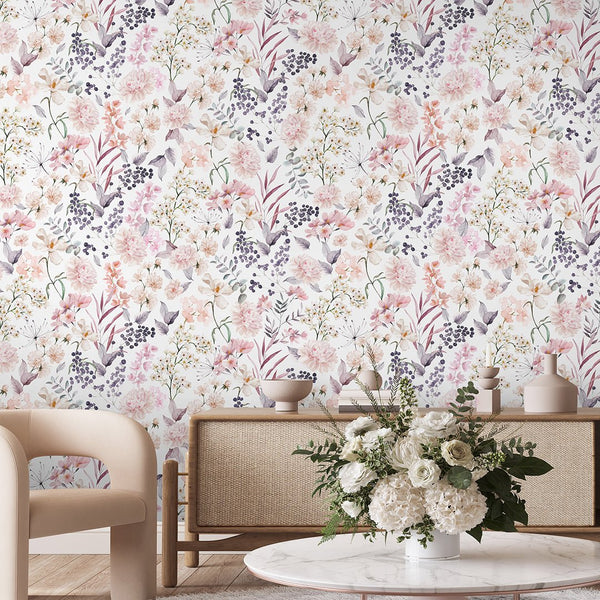 Pink Lilac Flower Bouquet Wallpaper S062 - CostaCover - Peel and stick Removable Wallpaper - accent wallpaper - adhesive wallpaper - baby bedroom